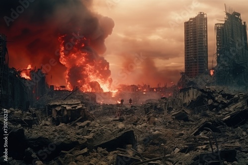 A picture of a large fire in the middle of a city. Can be used to depict destruction, disaster, or chaos in an urban setting