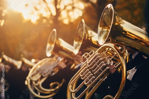 A group of brass instruments sitting next to each other. Perfect for music-related projects photo