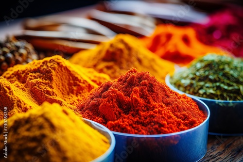 Close up shot of a variety of dry spices arranged on a kitchen table.