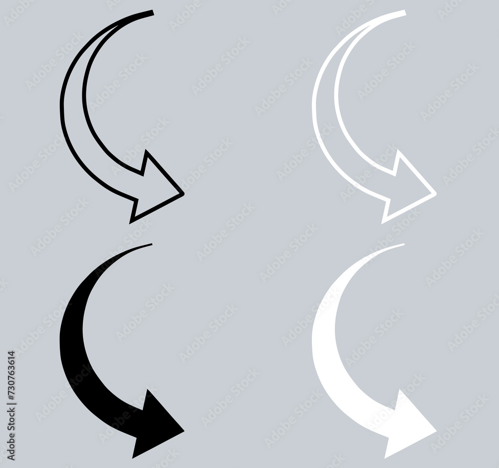 Set of Curved arrow icon. Arrow pointer icon sign symbol in trendy flat style. Arrow right vector icon illustration isolated on gray background Set of Curved arrow icon. Arrow pointer icon sign symbol in trendy flat style. Arrow right vector icon illustration isolated on gray background