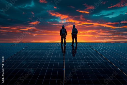 Engineers overseeing solar panels at sunset