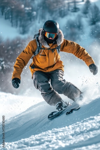 A man is seen riding a snowboard down a snow covered slope. This image can be used to depict winter sports and outdoor activities