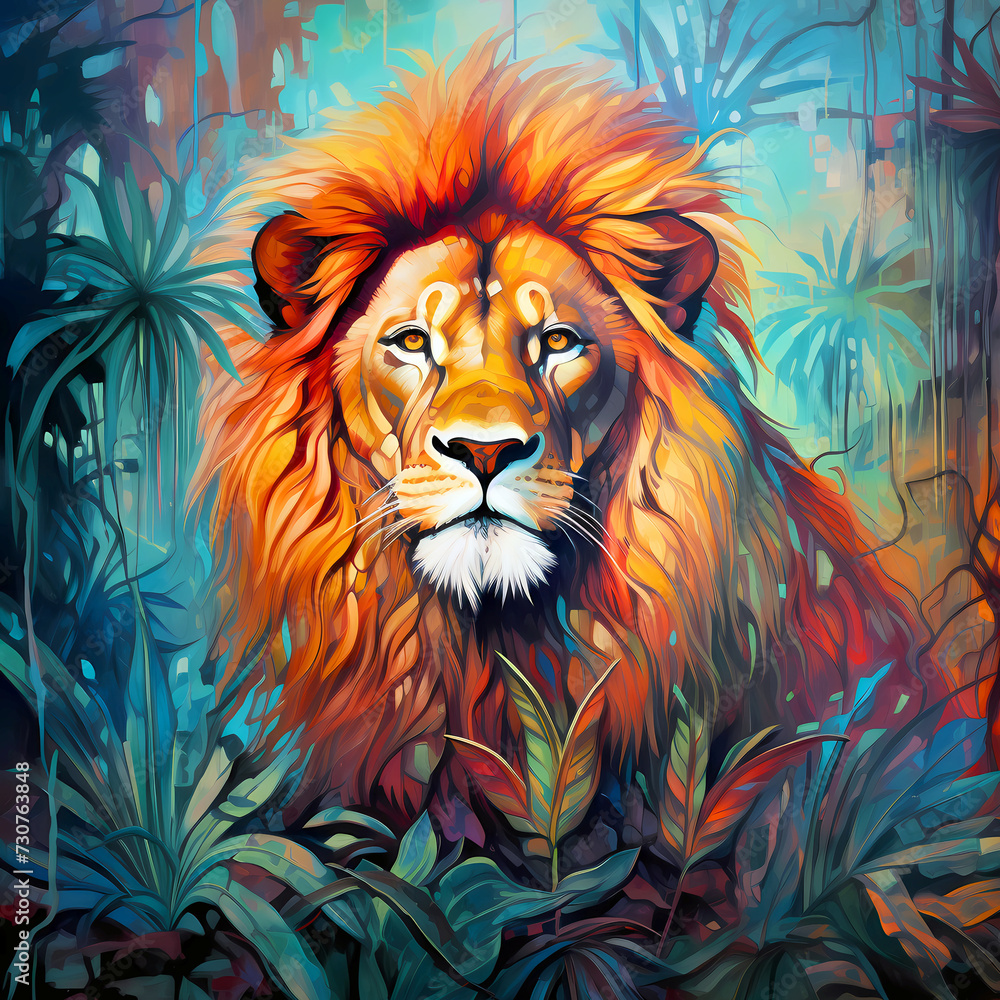 Majestic lion drawn by oil paints, wild jungle