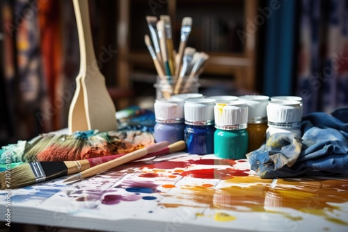A close-up view of paint and brushes on a table. Perfect for artistic projects or creative inspiration
