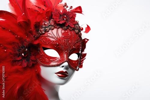 A woman wearing a red mask adorned with feathers. Perfect for masquerade parties and themed events