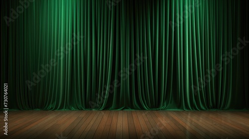 A stage with green curtains and a wooden floor. Ideal for theater productions and performances