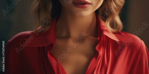 A woman in a red shirt posing for a picture. Perfect for use in social media posts or promotional materials