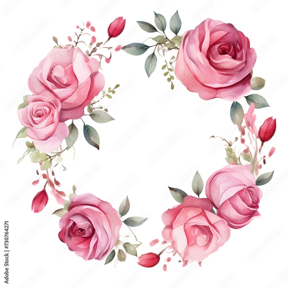 Watercolor pink rose floral wreath frame with leaves isolated on white background for wedding birthday anniversary event design