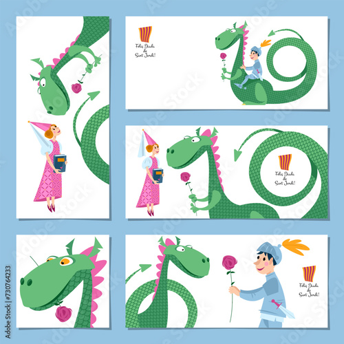Set of universal cards with princess, knight and dragon. Diada de Sant Jordi (the Saint George’s Day). Template
