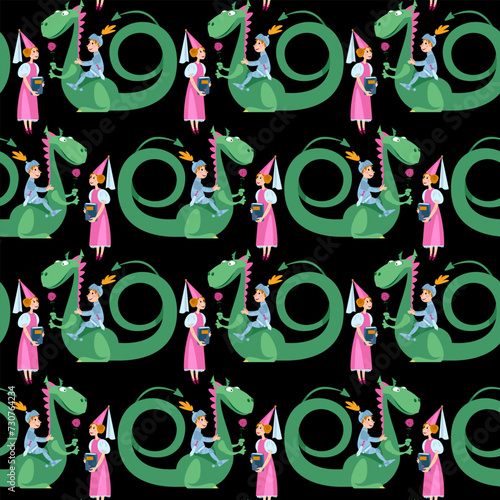 Princess, knight and dragon. Diada de Sant Jordi (the Saint George’s Day). Traditional festival in Catalonia, Spain. Seamless background pattern photo