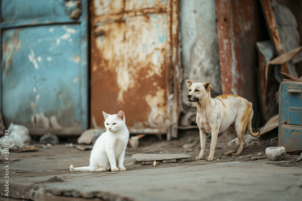 Lonely, discarded, domestic cat and dog roam together, surviving, on the abandoned outskirts of town.