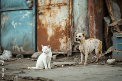 Lonely, discarded, domestic cat and dog roam together, surviving, on the abandoned outskirts of town. © alisluch