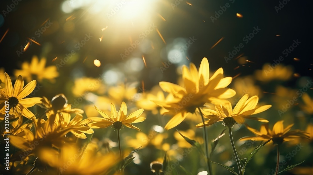 A beautiful field of yellow flowers with the sun shining in the background. Perfect for nature and landscape themes