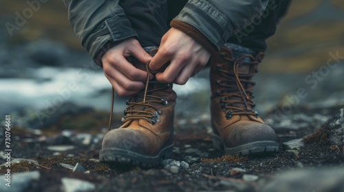 A person is seen tying up a pair of brown boots. This image can be used to depict preparation, getting ready, or completing a task