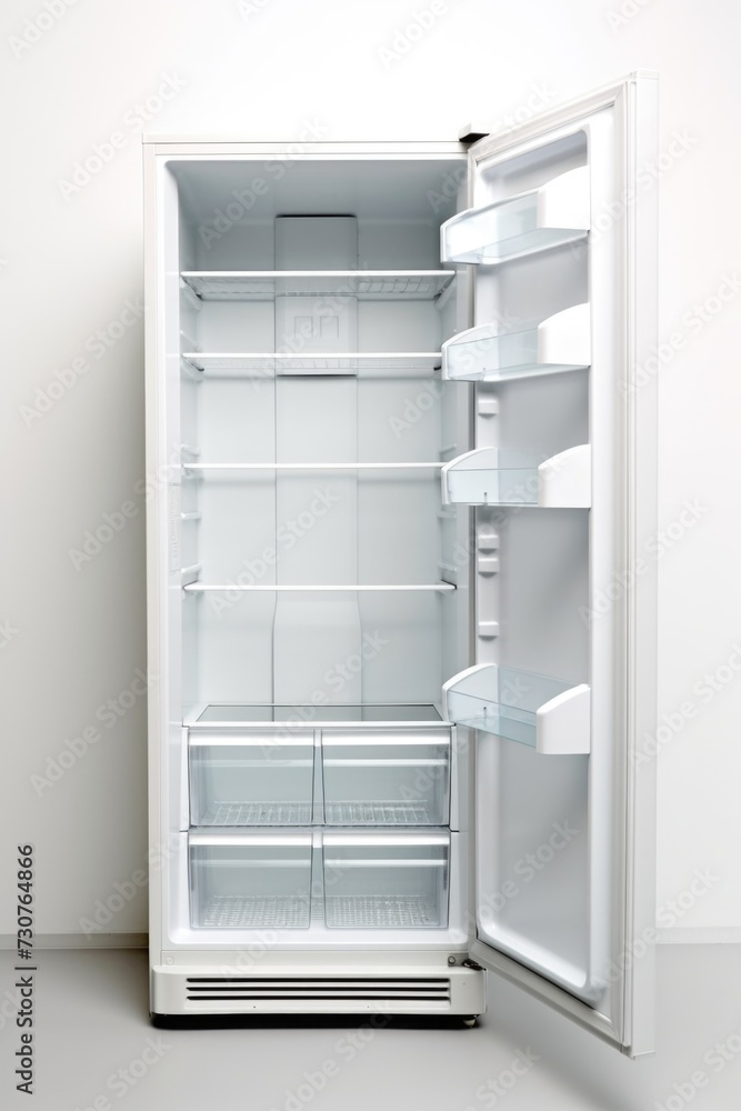 An open refrigerator in a white room. Can be used to depict cleanliness, organization, and healthy eating habits An open refrigerator in a white room. Can be used to depict cleanliness, organization, and healthy eating habits