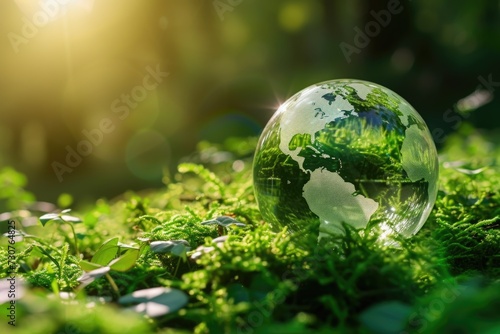 A glass globe sitting on top of a lush green field. Perfect for depicting concepts of nature, environment, and global connections © Fotograf