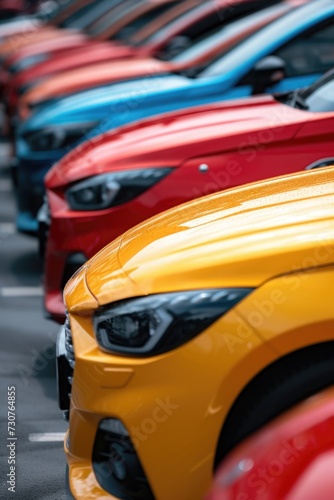 A row of parked cars in a parking lot. Suitable for transportation, urban scenes, and car-related concepts