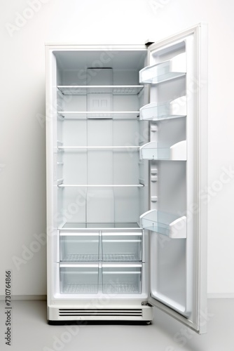An open refrigerator in a white room. Can be used to depict cleanliness, organization, and healthy eating habits