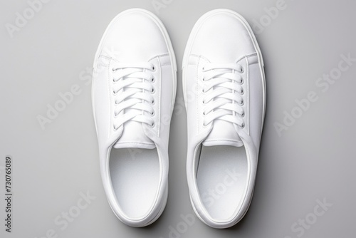 White sneakers placed on a gray surface. Suitable for fashion, lifestyle, and sport-related designs