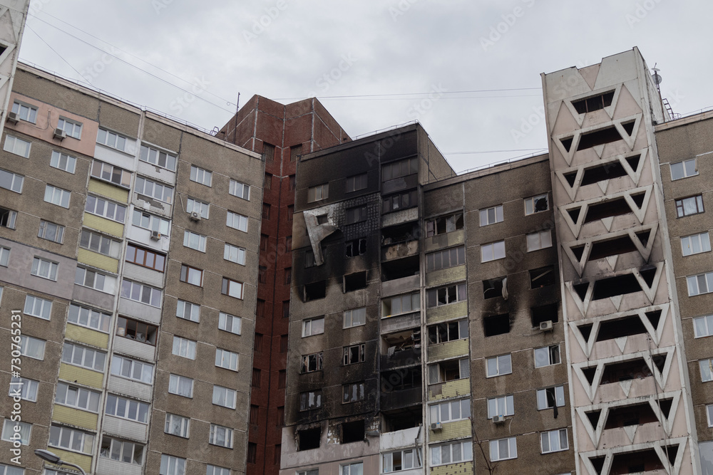 Kyiv, Ukraine - February 7, 2024. In the morning, the Russians fired missiles at Ukrainian cities. many apartments were destroyed by shrapnel from a downed rocket.