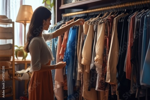 A woman standing in front of a rack of clothes, contemplating her options. This image can be used to showcase fashion choices or as a representation of shopping