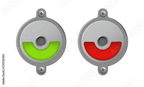 Toilet or restroom locks green and red round metal isolated on white. Occupied and Free. Regular public restroom door mechanism indicating. Vector