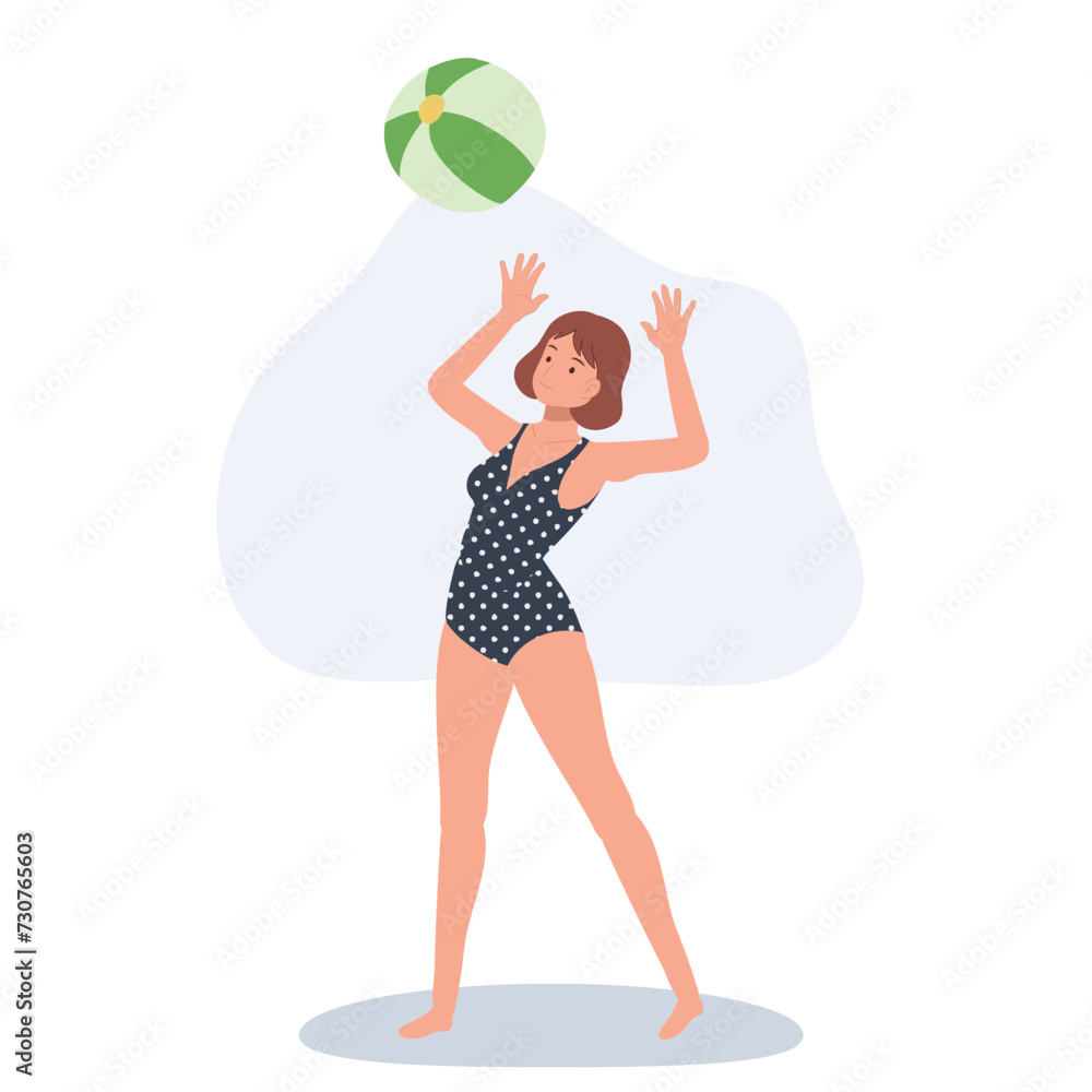 Beach Activity concept. Woman Enjoying Beachball Game. Joyful Woman Playing with Beachball Beach Activity concept. Woman Enjoying Beachball Game. Joyful Woman Playing with Beachball