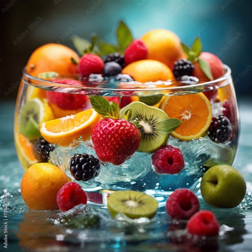 An array of vibrant, healthy fruits submerging in crystal clear water, representing the perfect balance of natural, whole foods and the refreshing, nourishing qualities they provide high detailed An array of vibrant, healthy fruits submerging in crystal clear water, representing the perfect balance of natural, whole foods and the refreshing, nourishing qualities they provide high detailed