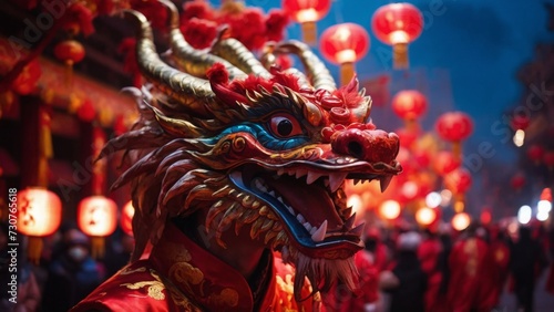 A vibrant dragon dance in the streets of china, AI Generated
