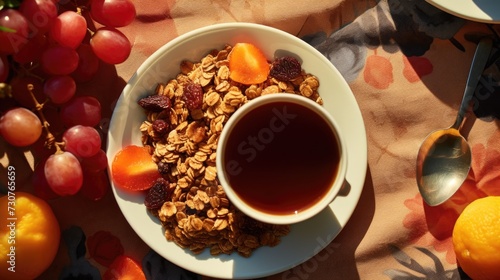 A bowl of granola topped with fresh fruit and accompanied by a cup of tea. Perfect for a healthy breakfast or snack.