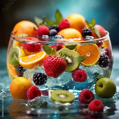 An array of vibrant  healthy fruits submerging in crystal clear water  representing the perfect balance of natural  whole foods and the refreshing  nourishing qualities they provide high detailed