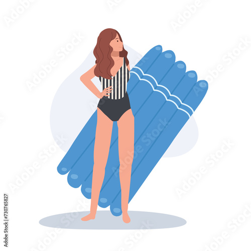 Woman with Rubber Raft Enjoying Beach Vacation.  Woman Relaxing on Sandy Beach with Rubber Raft