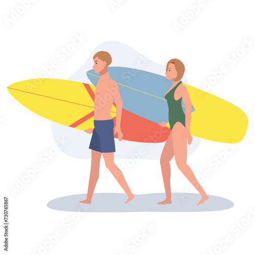 People with Surfboards Enjoying Summer. People Walking to the Sea with Surfboards on Beach