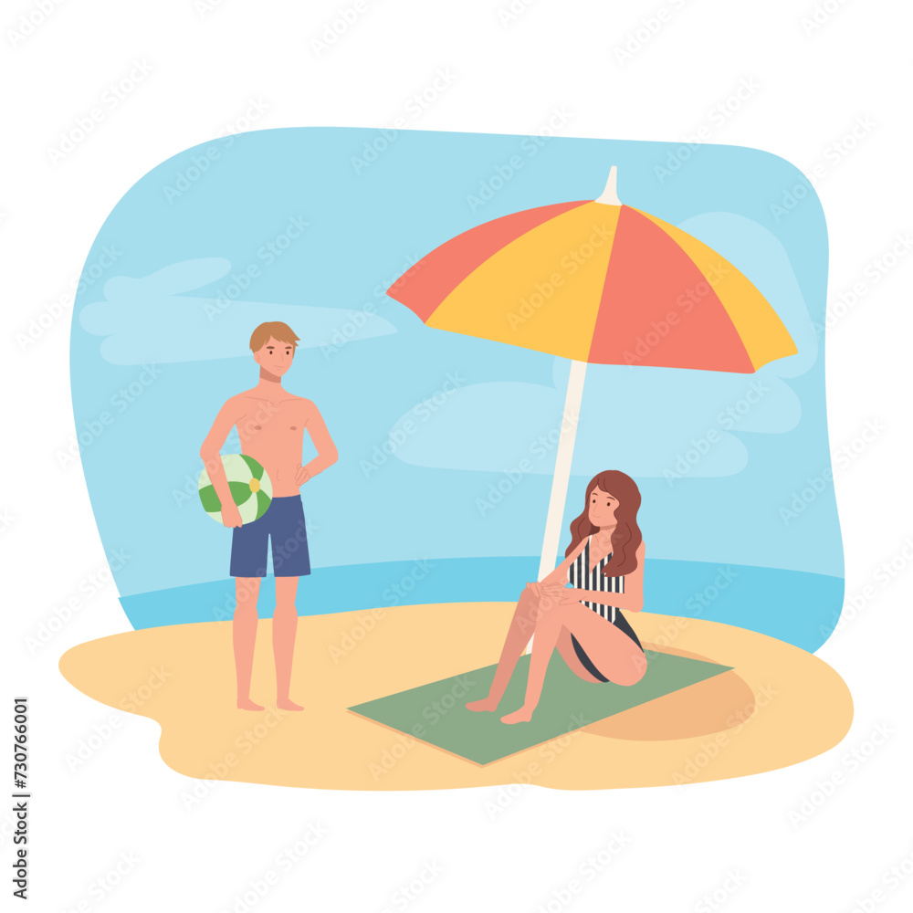 Beach Activity Concept. Enjoyable Beach Day. Happy People on the beach.  Sunbathing