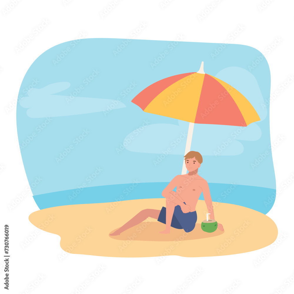 Summer Vacation concept. Beach Sunbathing. Man Lounging on Beach
