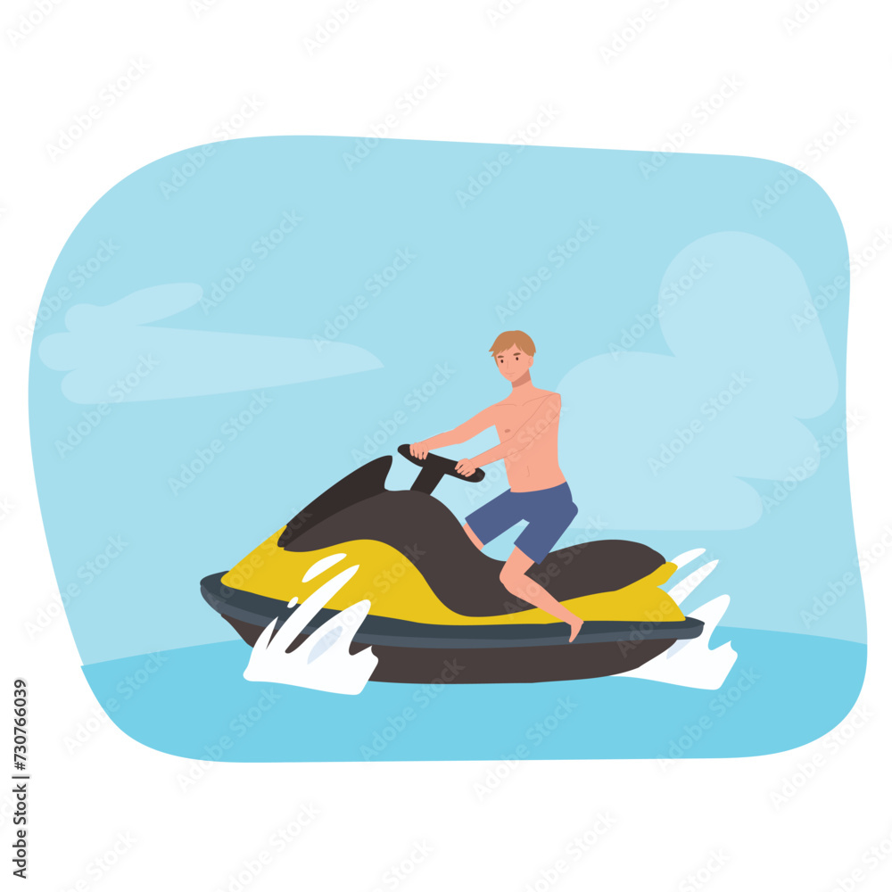 Jet Skiing Fun. Exciting Sea Adventure. Man on Jet Ski Sped Across the Sparkling Blue Sea Jet Skiing Fun. Exciting Sea Adventure. Man on Jet Ski Sped Across the Sparkling Blue Sea