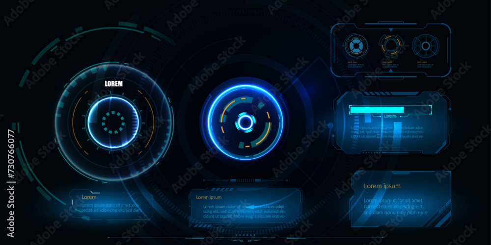 Glowing Circles in Futuristic Digital Space with Blue Tech Elements and Global Connectivity Glowing Circles in Futuristic Digital Space with Blue Tech Elements and Global Connectivity