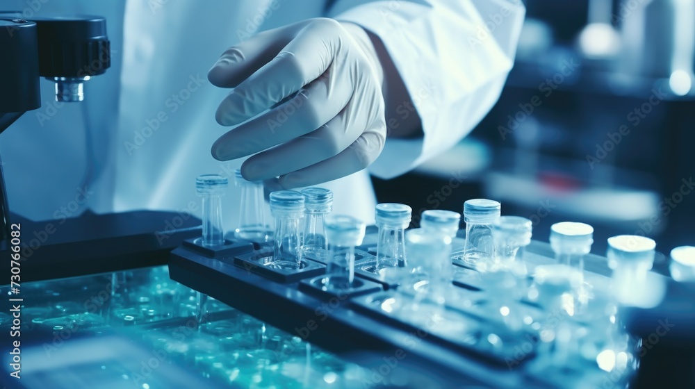 A person in a lab coat and gloves working on a machine. This image can be used to represent scientific research, laboratory experiments, or medical diagnostics A person in a lab coat and gloves working on a machine. This image can be used to represent scientific research, laboratory experiments, or medical diagnostics