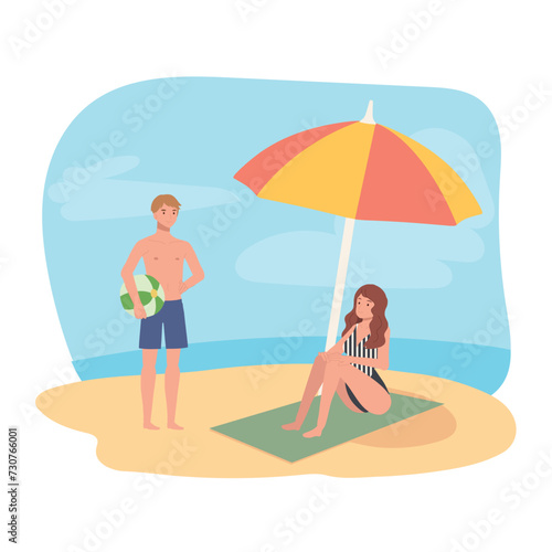 Beach Activity Concept. Enjoyable Beach Day. Happy People on the beach.  Sunbathing © Thidarat