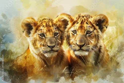 Two lions sitting side by side. Suitable for wildlife photography and animal conservation projects