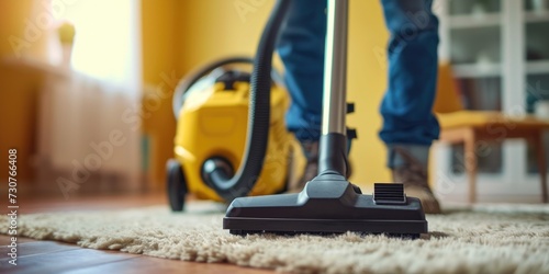 A person is using a vacuum cleaner to clean a carpet. This image can be used to showcase household cleaning or maintenance tasks
