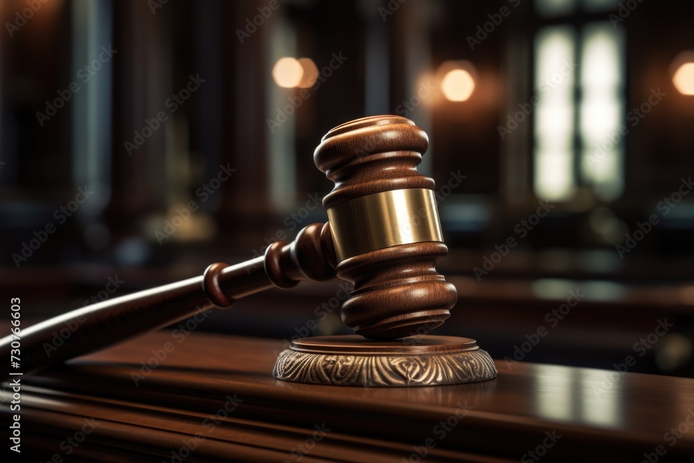 A wooden gavel placed on top of a table. Suitable for legal and courtroom themes A wooden gavel placed on top of a table. Suitable for legal and courtroom themes