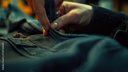A person is sewing a pair of jeans. This image can be used to showcase the process of making jeans or to illustrate the art of sewing