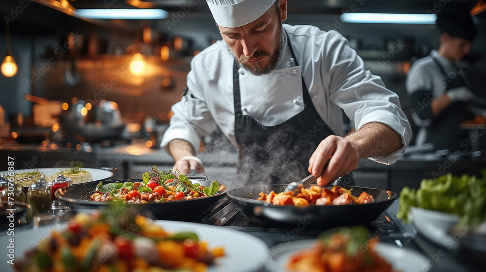 A chef is cooking delicious dishes with exquisite tableware and gourmet presentation in the background. Generative AI. A chef is cooking delicious dishes with exquisite tableware and gourmet presentation in the background. Generative AI.