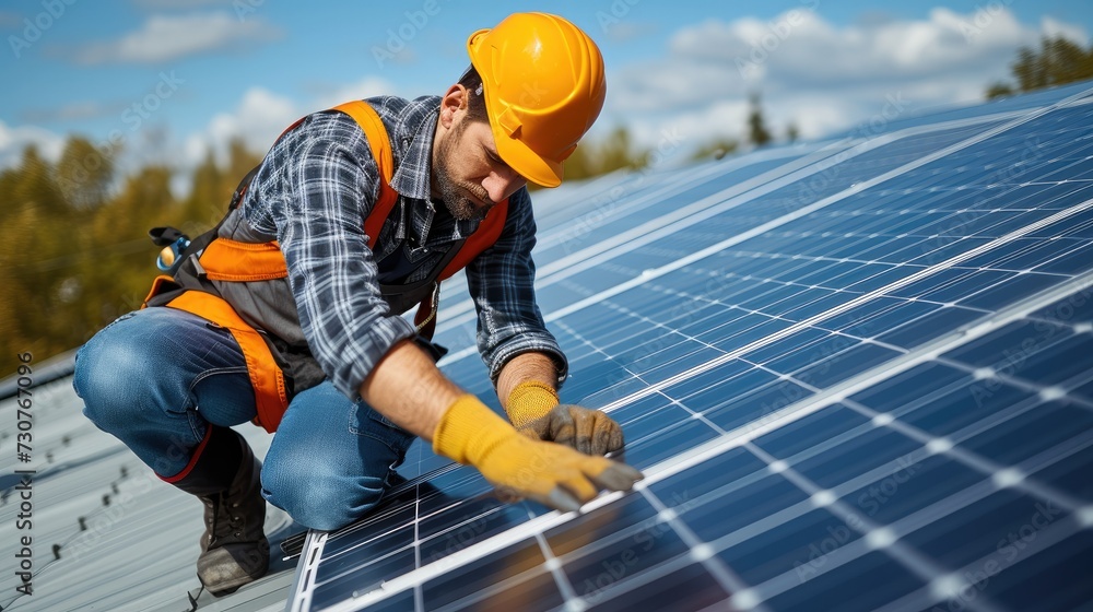 An electrical engineer installing solar panel on a house roof, Workers installing solar cell farm power plant eco technology. Generative AI. An electrical engineer installing solar panel on a house roof, Workers installing solar cell farm power plant eco technology. Generative AI.