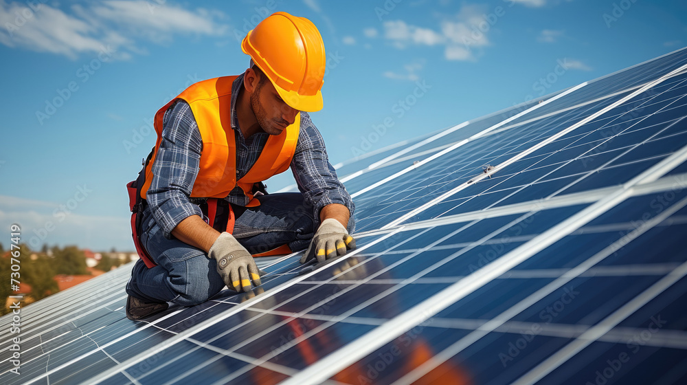 An electrical engineer installing solar panel on a house roof, Workers installing solar cell farm power plant eco technology. Generative AI.