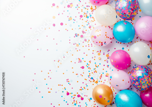 colorful balloons and confetti for a holiday celebration like birthday anniversary, wallpaper background for ads or gifts wrap and web design, white blank wall