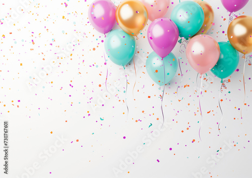colorful balloons and confetti for a holiday celebration like birthday anniversary  wallpaper background for ads or gifts wrap and web design  white blank wall