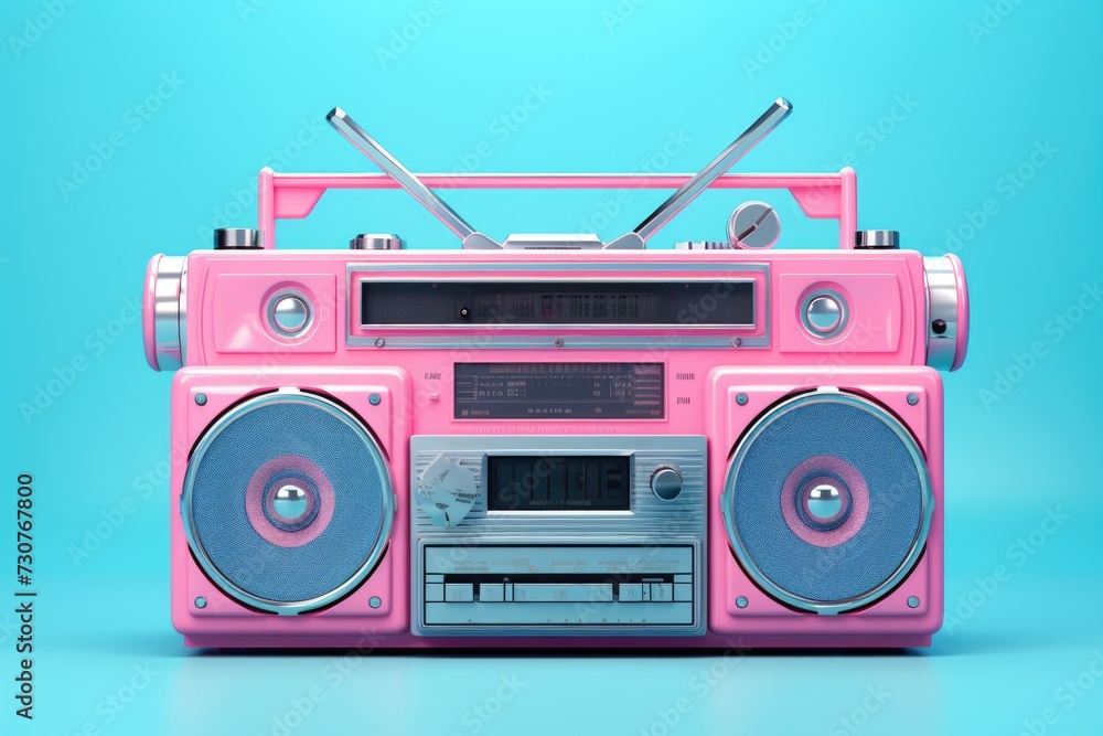 A pink boombox is placed on top of a blue surface. This versatile image can be used in various contexts