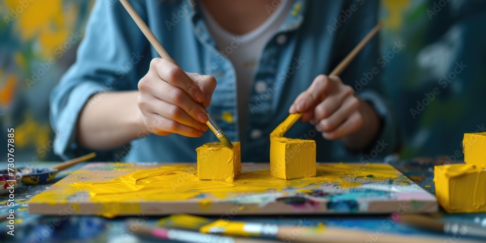 Fototapeta premium A woman is painting with yellow paint on a canvas. This image can be used for artistic or creative projects